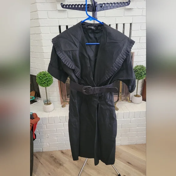 Vintage Black Belted Dress with Ruffle Collar - Picture 1 of 5